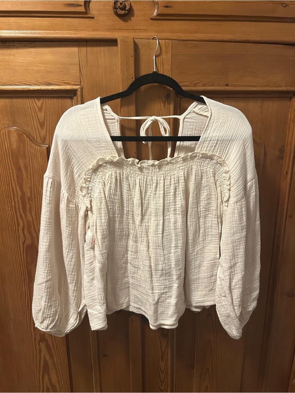 Neuflora Cream Gauze Peasant Blouse with Back Tie